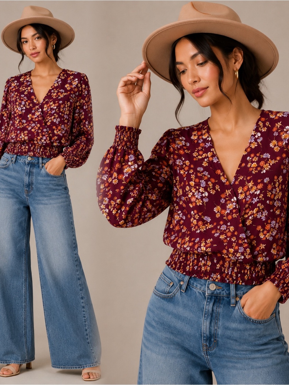 Pink Rose Burgundy Floral V-Neck Smocked-Hem Blouse